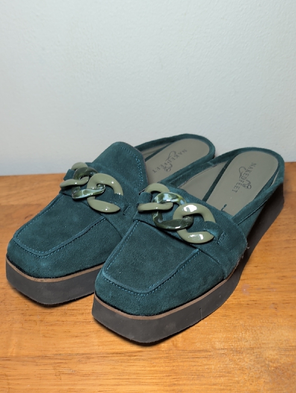 Naked Feet Elect Emerald Green Suede Platform Mule Loafers Shoes Women's Size 8